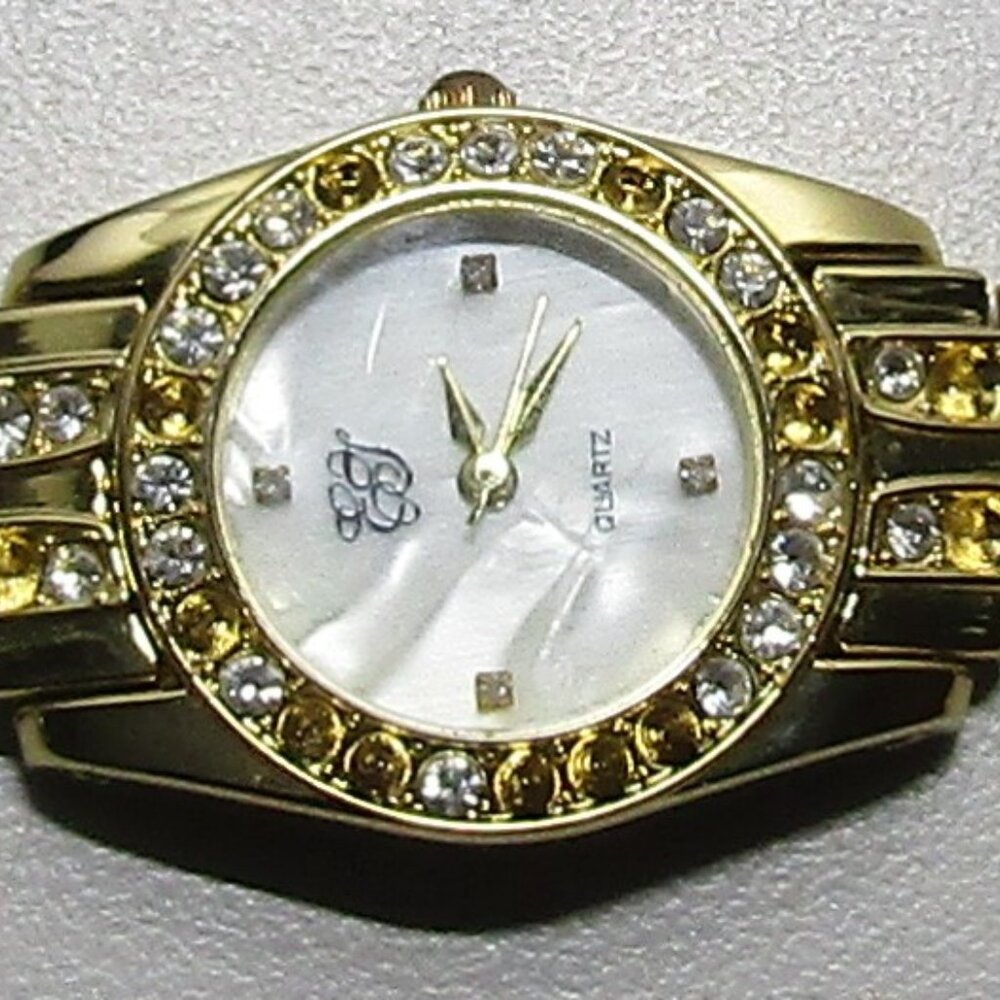 EJ Women's Quartz Watch Rhinestone Gold Tone Bracelet MOP Face Untested AS IS
